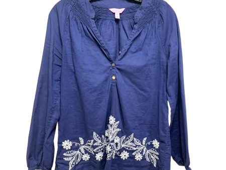 Elsa Embroidered Pullover Top Designer By Lilly Pulitzer In Blue & White, Size: S For Sale